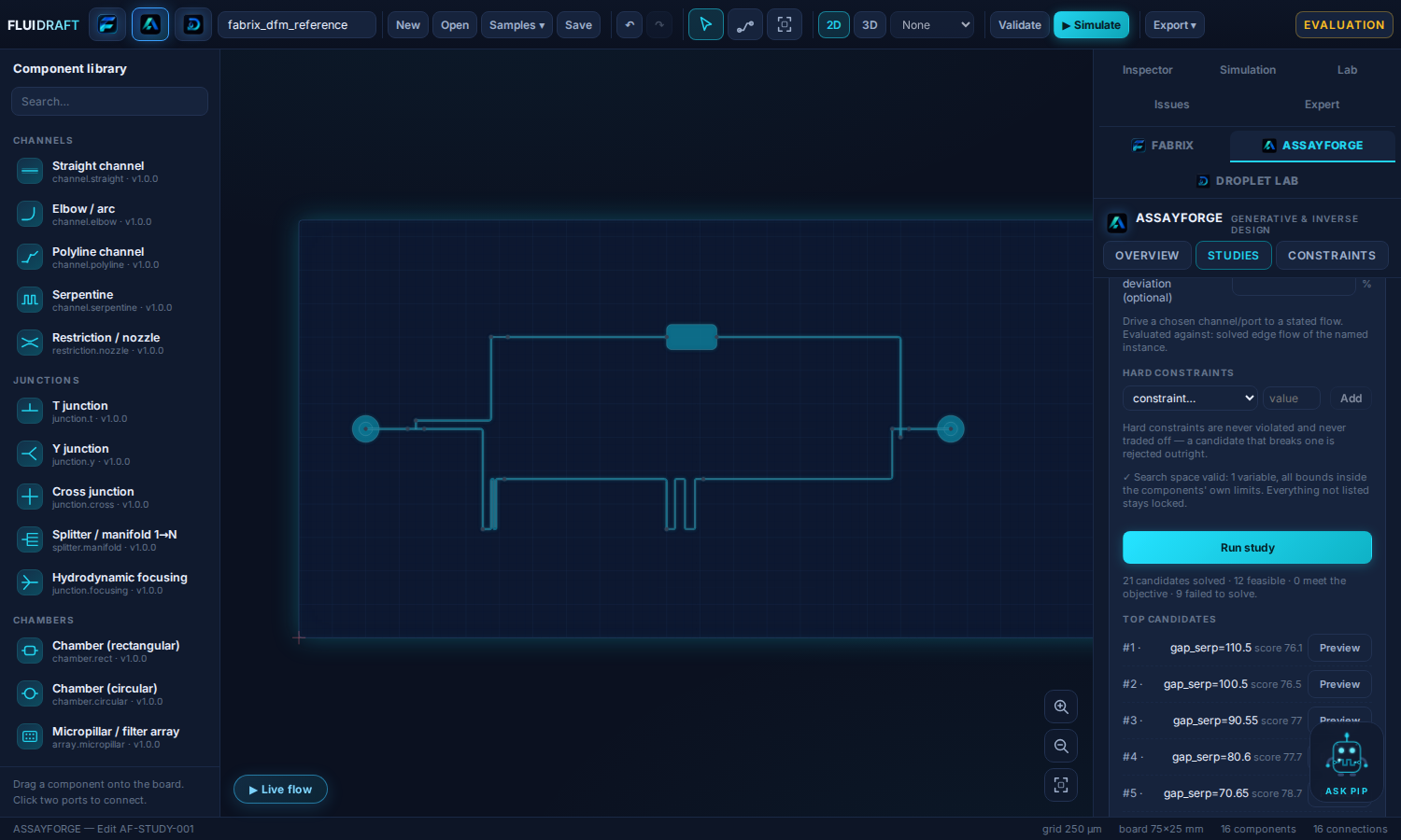 ASSAYFORGE inside Fluidraft: a study with ranked, solver-verified candidates next to the live CAD canvas